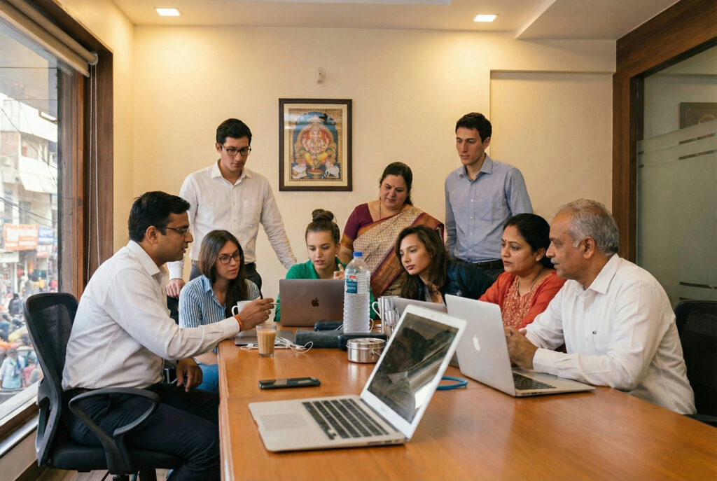 Sompura Works office staff discussion over 3D temple miniature project